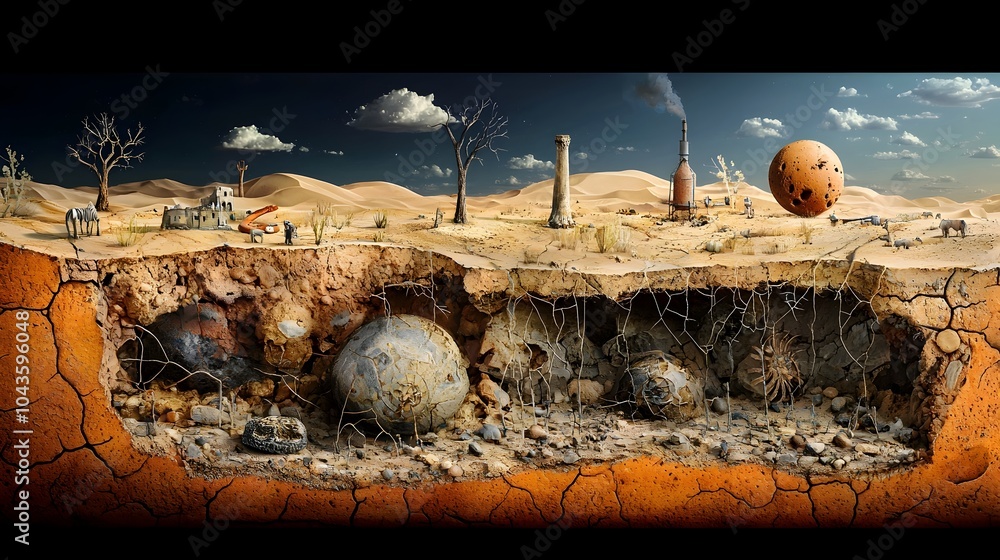 Poster Captivating cross section of a desert landscape revealing the hidden world of fossilized remnants buried beneath the shifting sand dunes