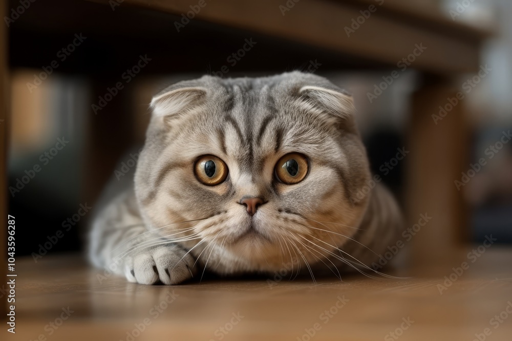 Wall mural cute scottish fold cat peeking curiously from beneath a wooden table