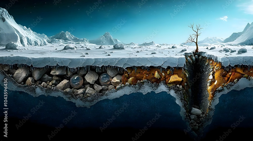 Poster captivating cross section of a glacier showcasing its intricate ice layers frozen bubbles and ancien