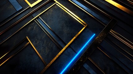 Obraz premium A high-contrast abstract geometric pattern with matte black and gold, enhanced by blue neon lighting that emphasizes the depth and symmetry of the design
