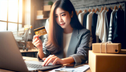 Fototapeta premium Internet-Banking, asiatische junge Frau mit Laptop, hält Kreditkarte in der Hand, gibt Geld aus, wenn sie von zu Hause Online-Shopping einkauft. 