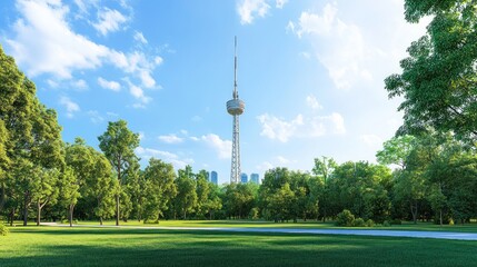 Obraz premium A scenic view of a park featuring a tall communication tower amidst lush greenery.