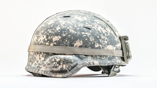 Modern military helmet with camouflage sitting on white background
