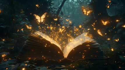 Naklejka premium Enchanted spellbook floating in mystical forest glade bioluminescent butterflies emerging from pages swirling magical energy ethereal fairy lights. Enchanted Glade. Illustration