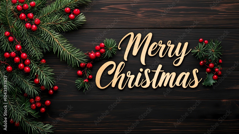 Poster the image shows a dark wooden background with two sprigs of evergreen with red berries on each side 