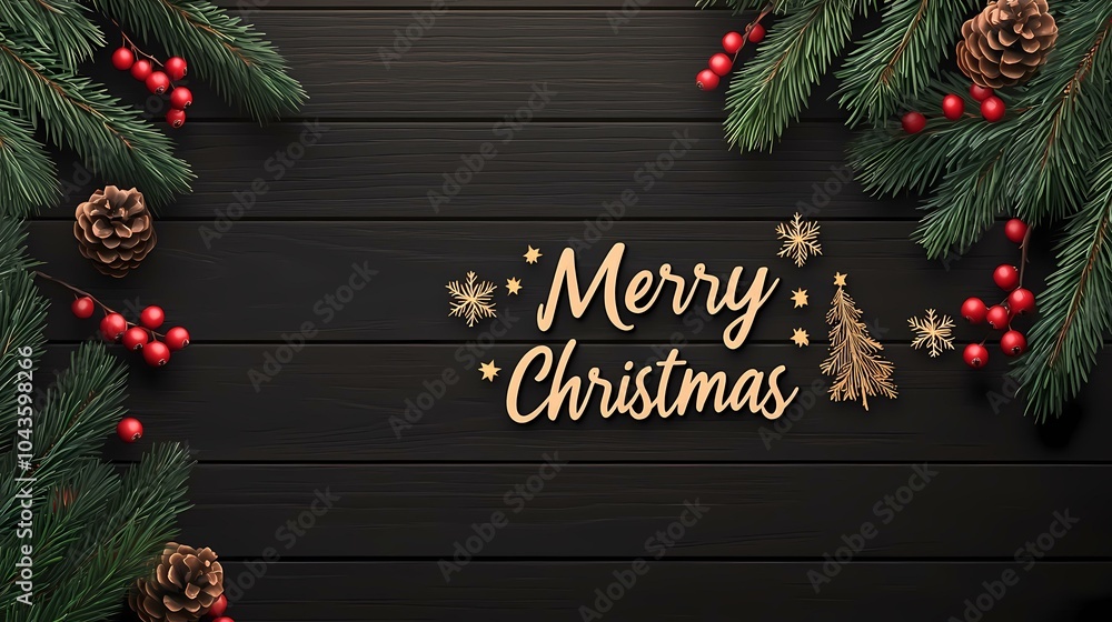 Poster the image contains a wooden background with pine tree branches, pine cones, and red berries on each 