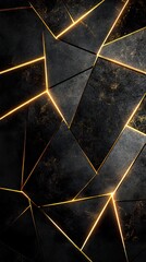 A striking abstract geometric mosaic in black and gold, accented by neon lighting that traces the edges of the patterns