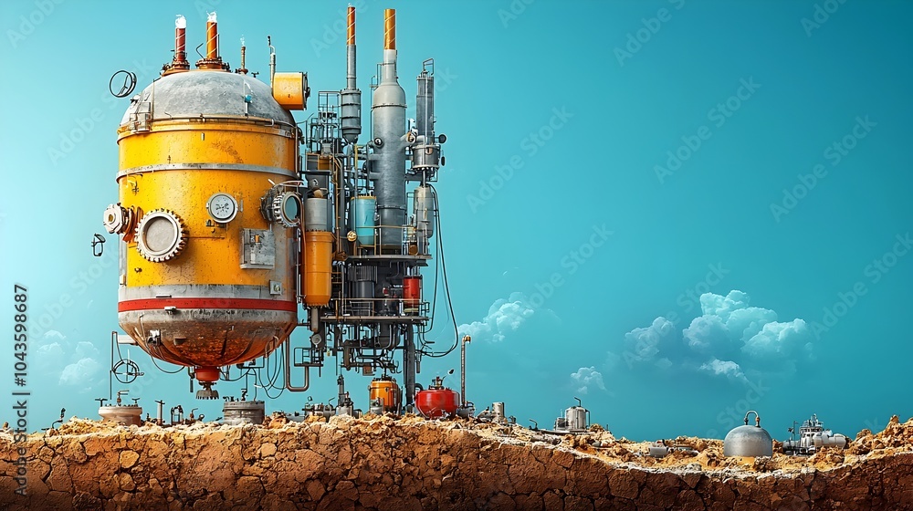 Poster comprehensive cross section view of an oil refinery showcasing the intricate network of pipes tanks