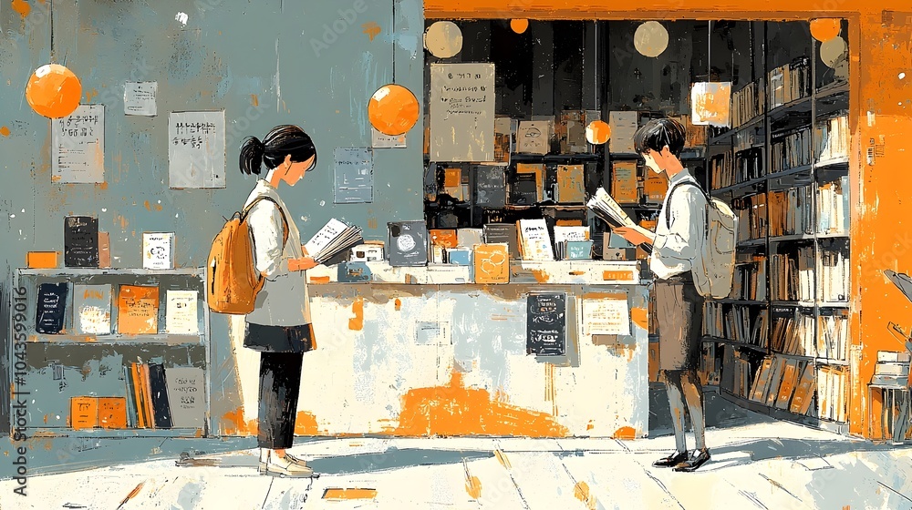 Poster cozy and inviting bookstore interior with customers browsing shelves reading in corners and purchasi