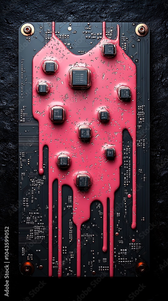 Poster colorful circuit board with intricate patterns and drips