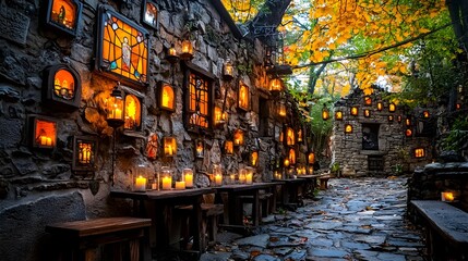 Obraz premium Cozy and serene interior of a chapel featuring intricate stained glass windows lit candles and traditional wooden pews in a warm rustic atmosphere