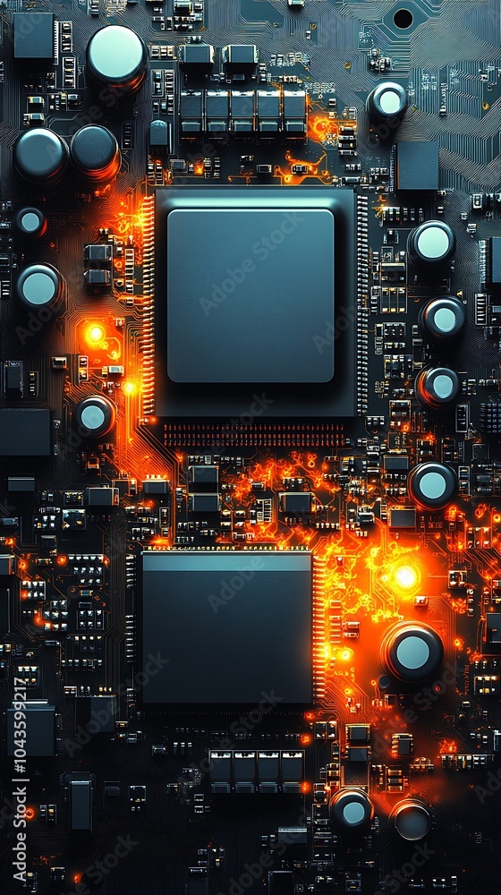 Poster intricate circuit board with glowing patterns