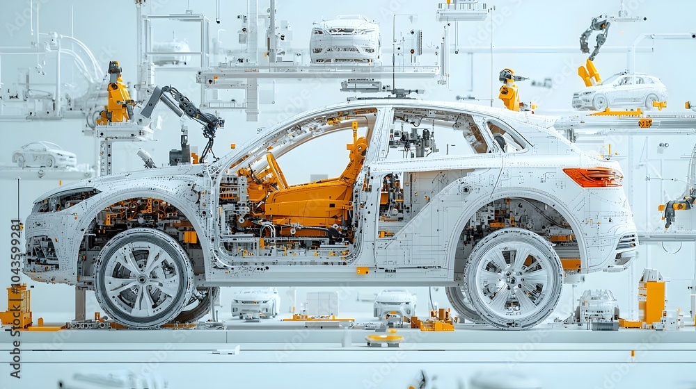 Poster cross section of a highly automated automotive manufacturing plant showcasing the intricate process 