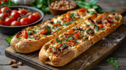 French bread pizza on a wooden table, white background