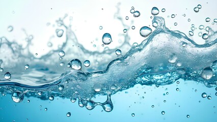 Dynamic water splash with suspended bubbles on a bright blue background, showcasing fluid movement, texture, and clarity, symbolizing freshness, purity, and natural energy