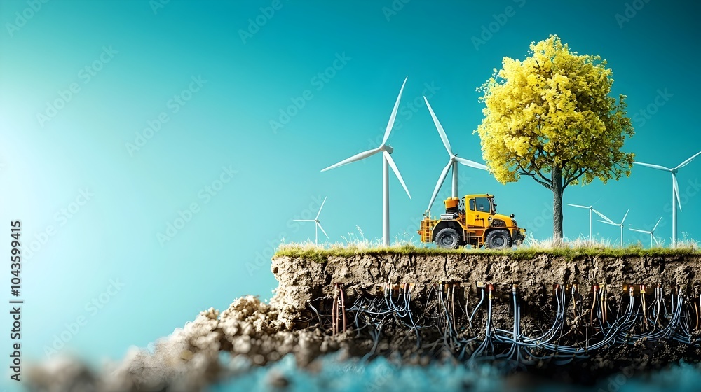 Aufkleber cross section of a robust wind farm system showcasing the wind turbines above and the intricate unde