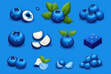 Fresh blueberries assortment with mint leaves on a vibrant blue background.