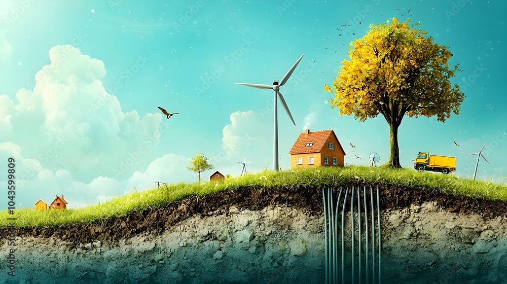 Aufkleber Cross section view of a wind farm showcasing the wind turbines above ground and the intricate network of underground electric cables that transmit the power