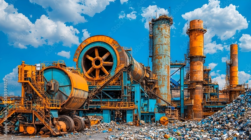 Poster cross section view of an automated recycling processing plant showcasing the inner workings and mach