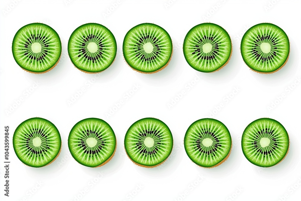 Poster fresh kiwi slices arranged in neat rows on a white background