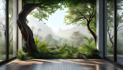 Modern Room with Forest and Mountain View Natural background