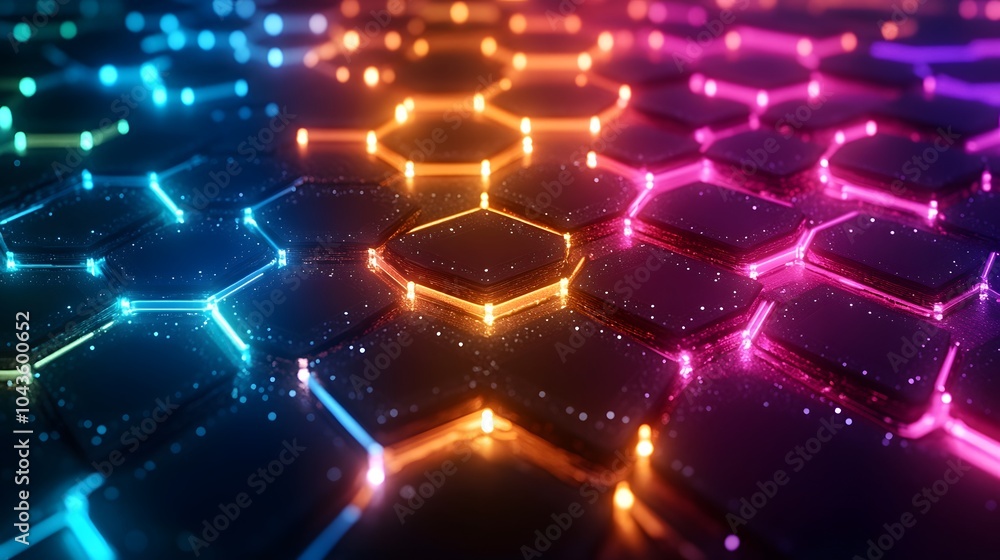 Poster abstract futuristic hexagon pattern with neon lights and glowing edges