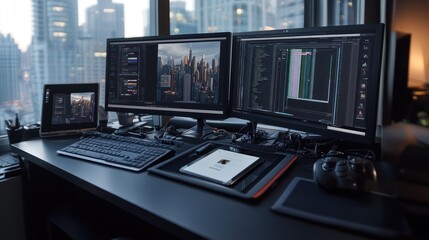 Naklejka premium A modern workspace with multiple monitors and devices for productivity and creative work.