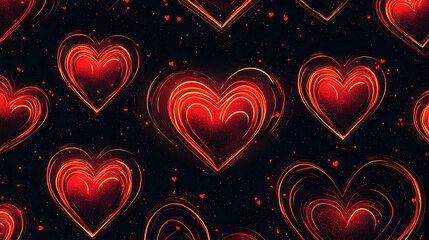 Repeating Pattern of Vibrant Red Neon Hearts on a Dark Black Background