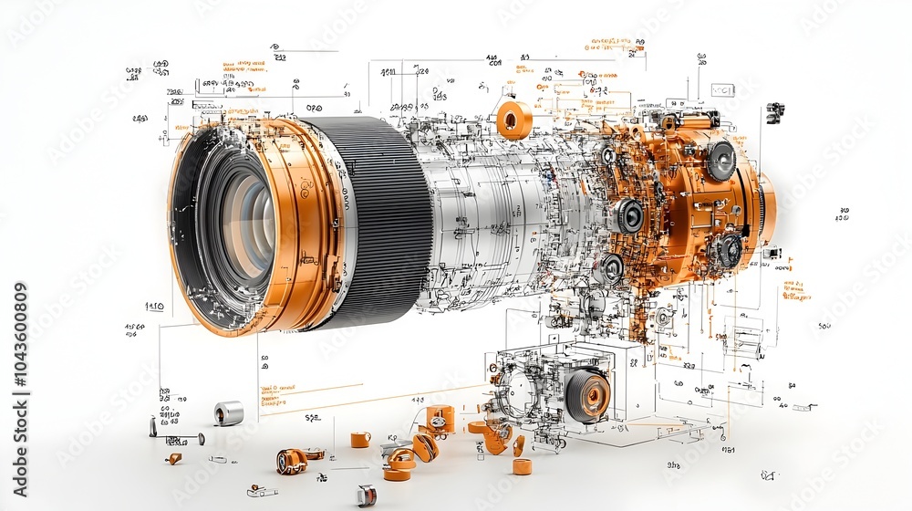 Poster Detailed 3D cross section of a mechanism with the individual other components separated in a puzzle like layout