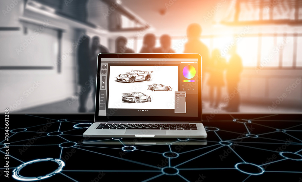Poster electric car design software on computer screen showing simulation blueprint snugly by digital calcu
