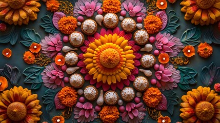 Colorful Indian sweets like Ladoo, Jalebi, and Barfi placed around a detailed Rangoli design, marigold petals and diyas adding a festive touch,