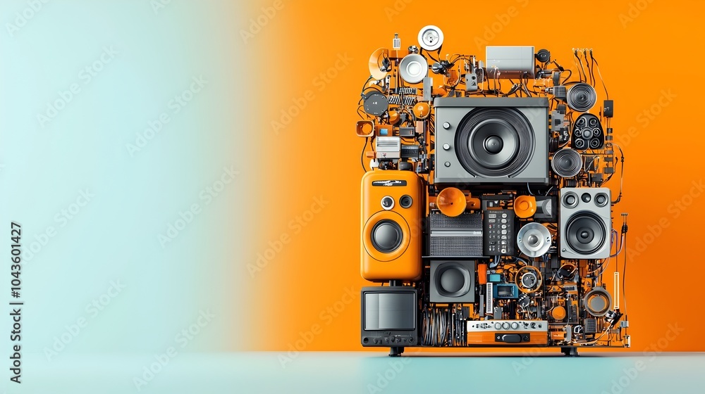 Poster Detailed 3D cross section showcasing the intricate layers and components of a high end sophisticated home theatre system including speakers projectors