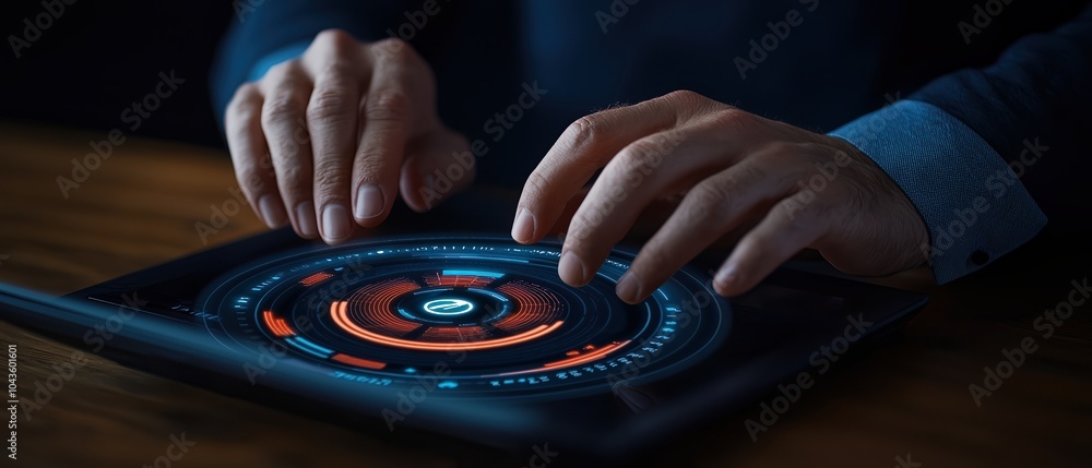 Poster hands interacting with a digital tablet displaying advanced interface, showcasing technology in acti