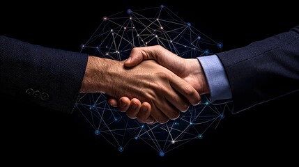 Handshake symbolizing partnership, cooperation, and business agreement on a dark background.
