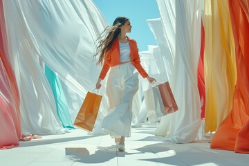 Fashionista Asian woman in motion with shopping bags, full-length, vibrant boutique setting, yellow background