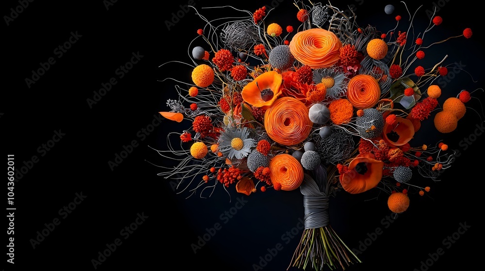Poster detailed 3d cross section view of a vibrant and colorful floral bouquet revealing the intricate stru