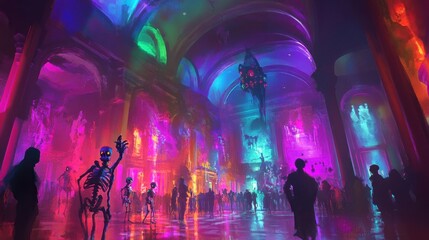Naklejka premium Rainbow-colored skeletons and playful ghosts celebrating Halloween in a neon-lit haunted ballroom.