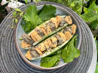 Grilled sesame mixed soy tofu salad with cucumber