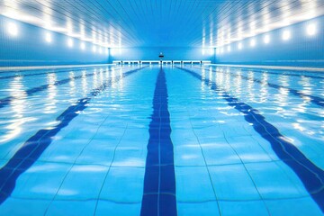 Indoor swimming pool with clear blue water and bright lighting, creating a tranquil atmosphere.
