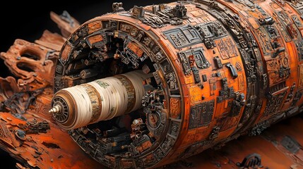 Detailed 3D cross section view of a traditional Tibetan prayer wheel exposing the rolled sacred mantras within and the ornate exterior carvings that reflect the Buddhist spirituality and culture