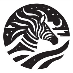 Cosmic Zebra silhouette Illustration with Night Sky and Moon in Black and White Design