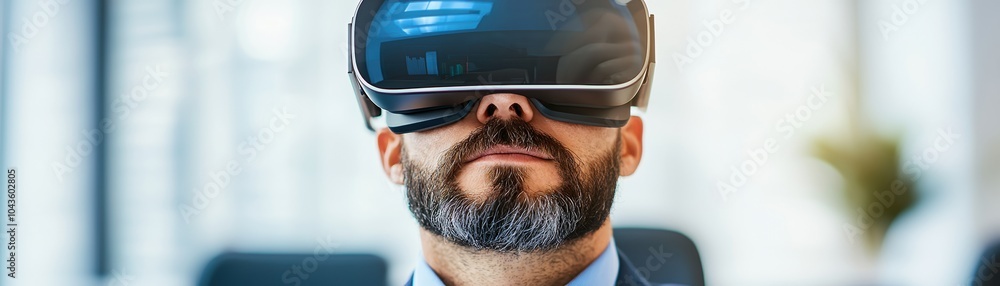 Poster man using virtual reality headset in a modern office environment.