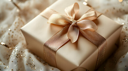 Soft Cream-Colored Background Featuring a Single Elegant Gift Box with Ribbon