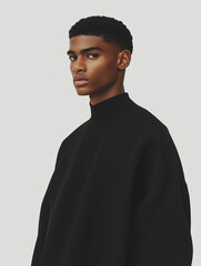 Male fashion concept. Portrait of a handsome afro-american young male model wearing black designer clothes and posing on white background. Catalogue, campaign style. Studio shot