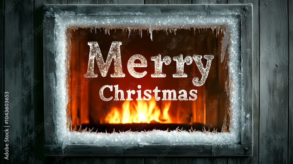 Poster the image contains a wooden window pane covered in frost with a fireplace behind it that has a fire 