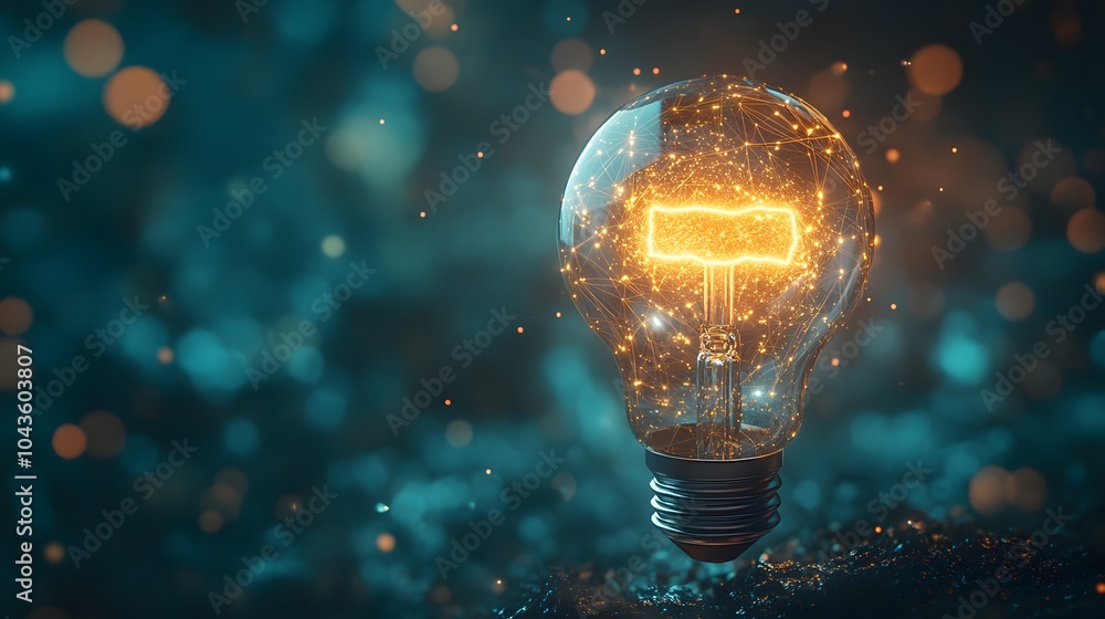 Poster glowing lightbulb with network inside on blue bokeh background