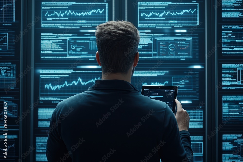 Poster person analyzing data on digital screens in a modern workspace, focused on performance metrics.
