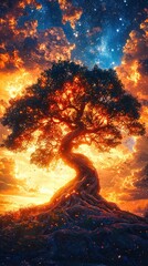 Glowing ancient tree of life standing under a vibrant cloudy sky