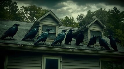 Moonlit Conspiracy: A group of crows gathered on a rooftop, their forms merging into one shadowy mass. The rooftop&rsquo;s edge creates a natural border. 