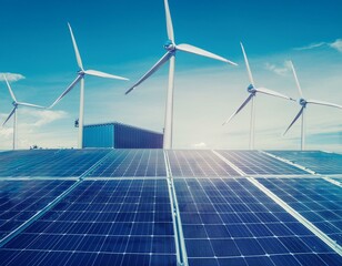 Energy storage battery system concept, wind power, wind turbines and lithium ion battery container, and solar panels in the background. Panoramic view with copy space.